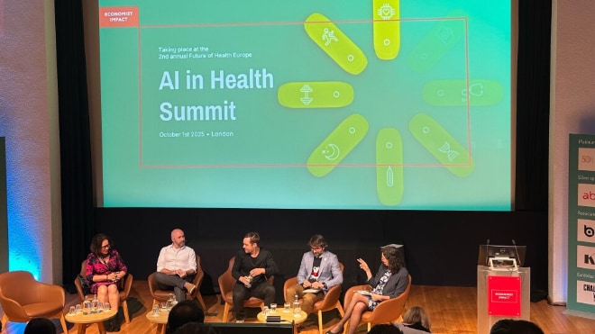 A view of the stage at the AI Health Summit.