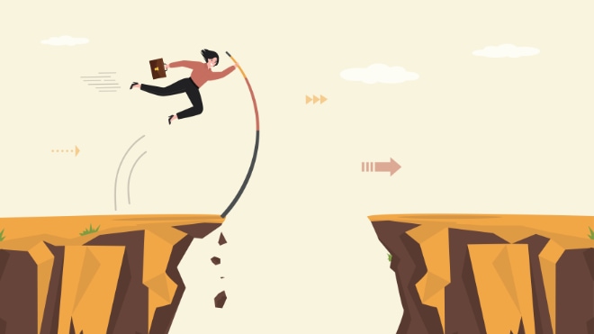 An illustration showing a business woman pole-vaulting across a ravine.
