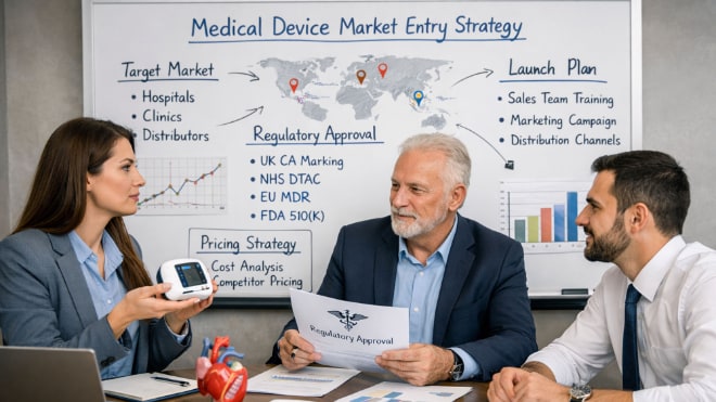 An AI-generated image of 3 people in an office in front of a whiteboard with the words 'Medical Device Market Entry Strategy' written above a world map.