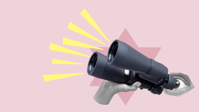 Collage art showing a pair of binoculars, an analogy for surveillance.