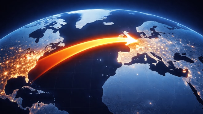 An arrow arcs from the US over to Europe.