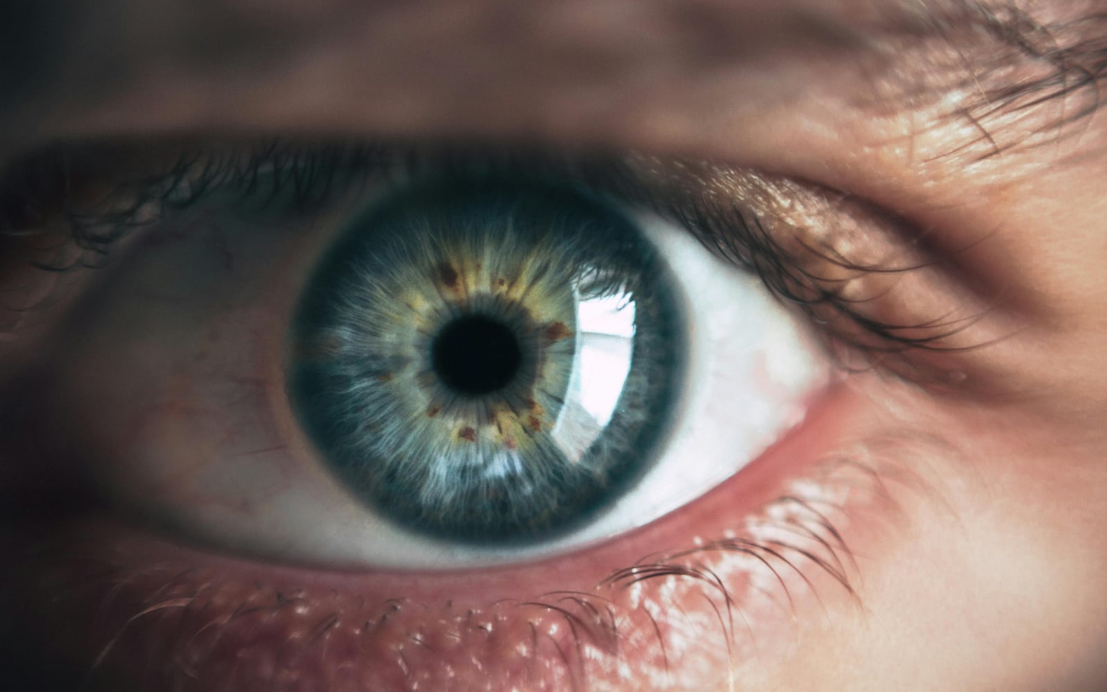 Two lab workers wearing safety glasses.