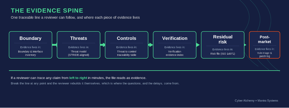 The evidence spine: boundary, threats, controls, verification, residual risk, post-market