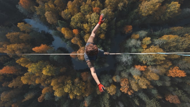 A man crosses a high-wire across a forest.