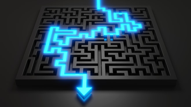 An abstract image of a blue arrow passing through a maze.